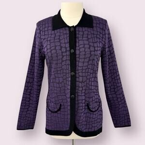 Exclusively Misook Collared Cardigan Sweater S Purple Black Geometric Button Up